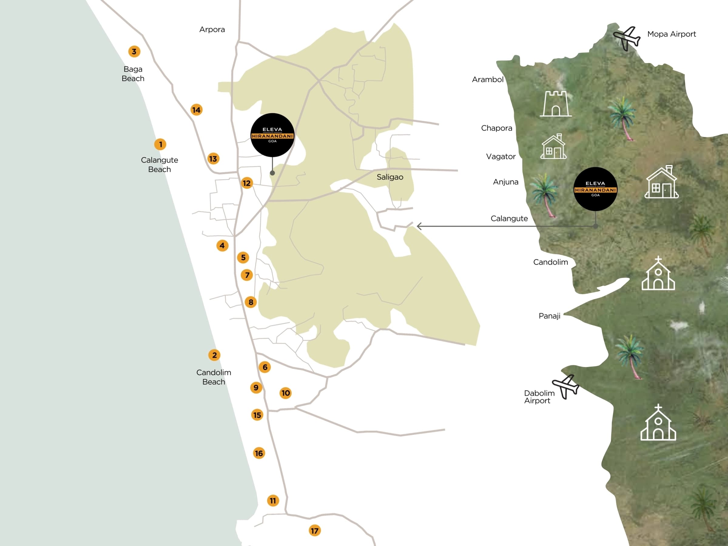 Connectivity map showing nearby beaches, restaurants, hotels, airports and Goa hotspots